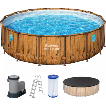 Каркасный бассейн BESTWAY POWER STEEL РОТАНГ 488х122 см, 19480 л + фильтр-насос BESTWAY 5678 л/ч, тент, лестница